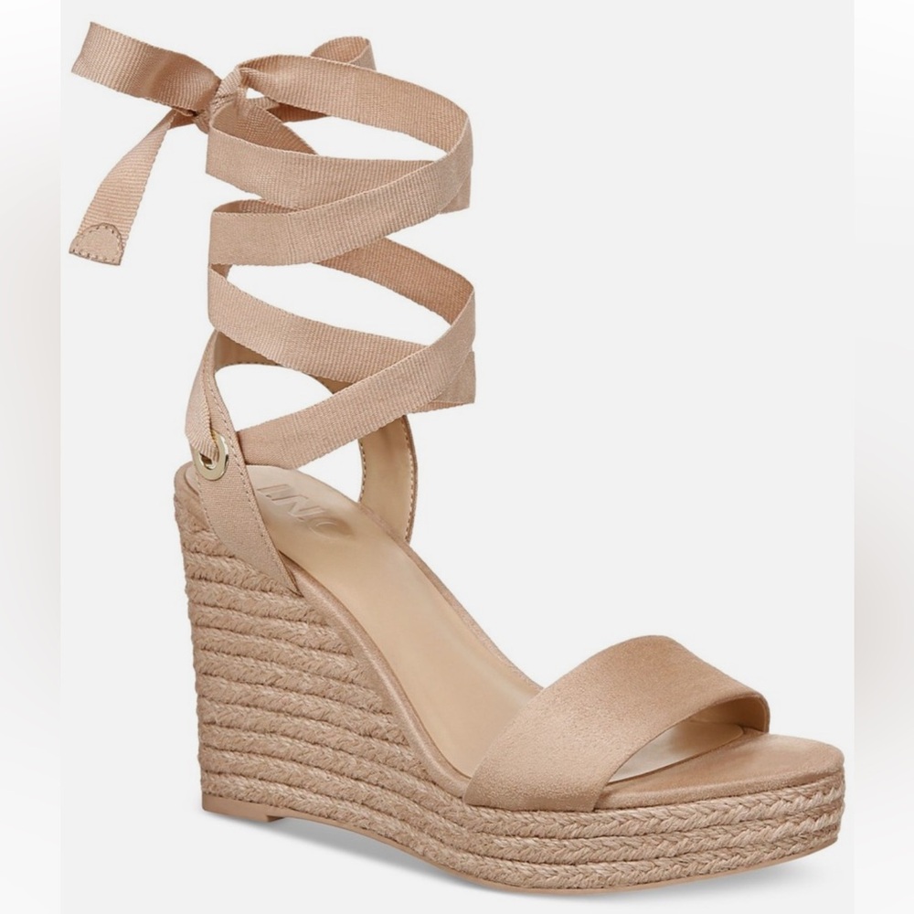 Elegant Womens Wrapping Ankle Maxx Almond Wedge Platform Espadrille Shoes 9 NWT